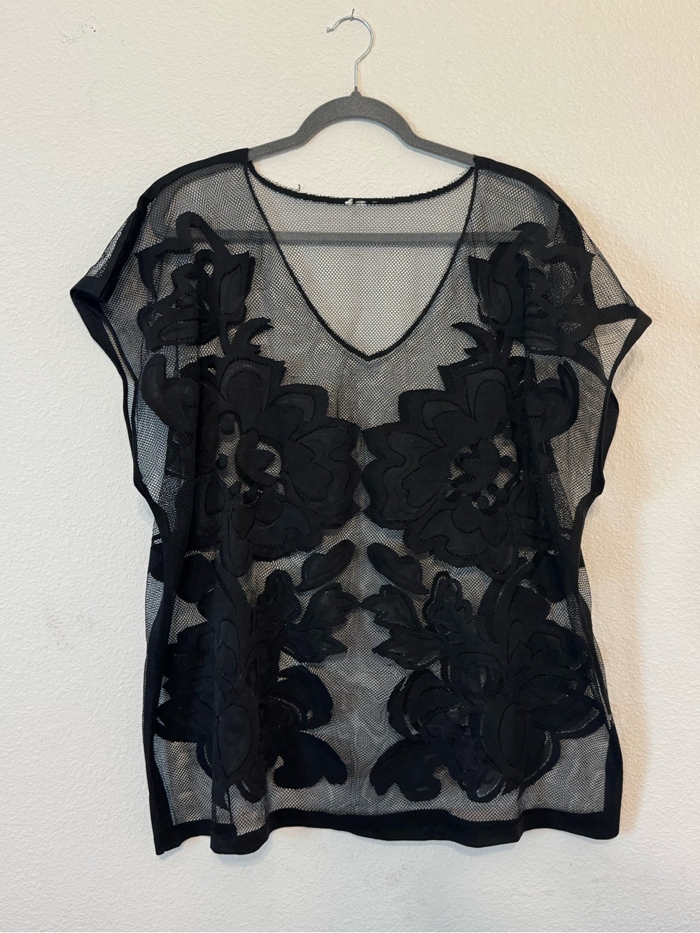 Sheer Black Floral Appliqué Mesh Top